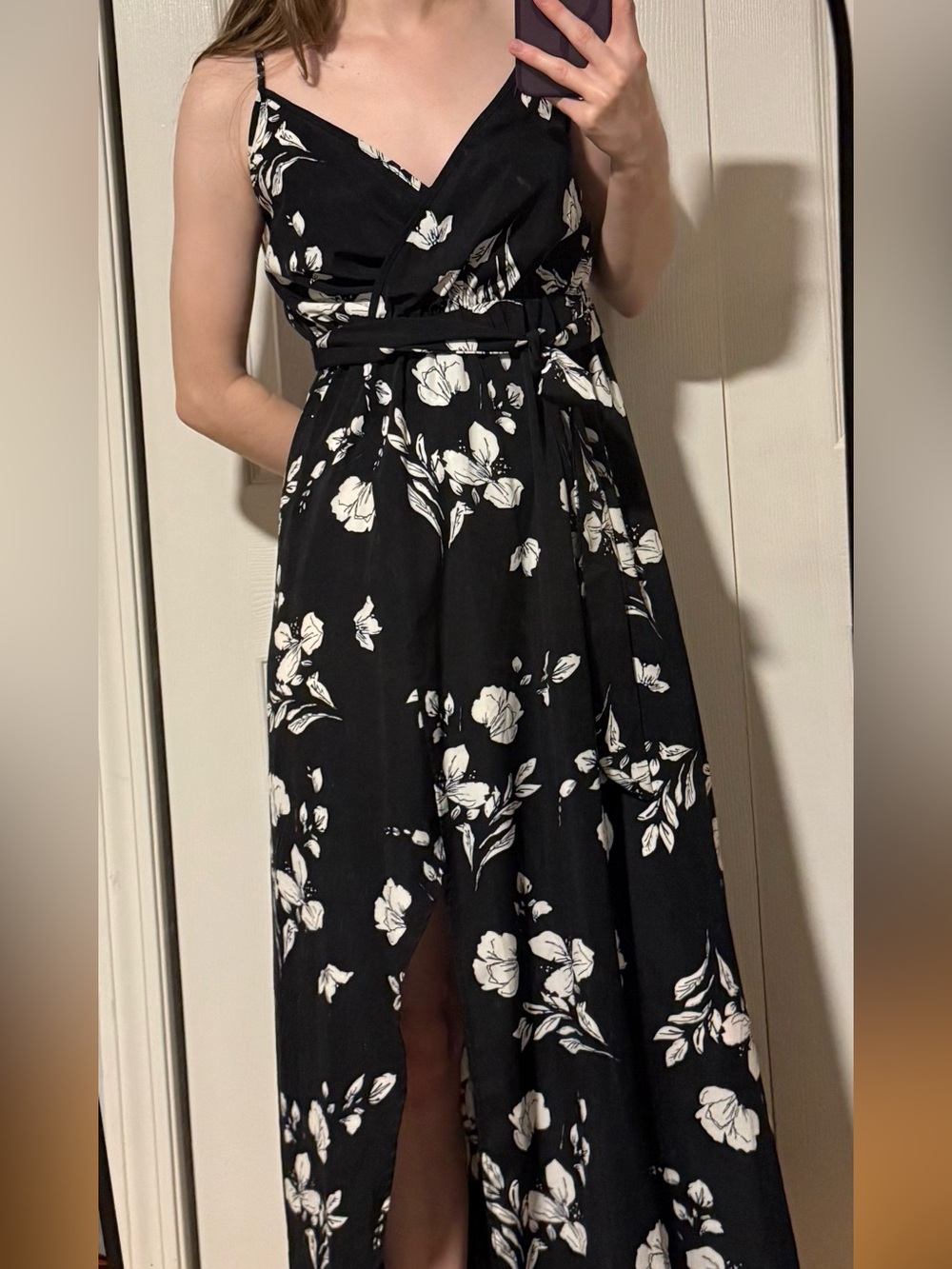 SHEIN Black & White Floral Wrap Maxi Dress with Front Slit